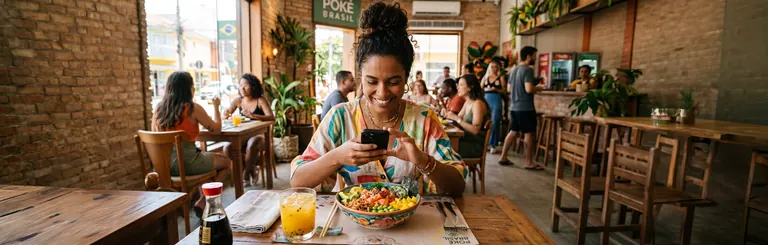 Avaliadora usando o celular em um restaurante