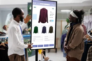 Mãos de vendedor demonstrando aplicativo de compras em quiosque touchscreen para cliente em loja de roupas