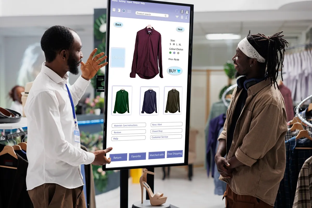 Mãos de vendedor demonstrando aplicativo de compras em quiosque touchscreen para cliente em loja de roupas
