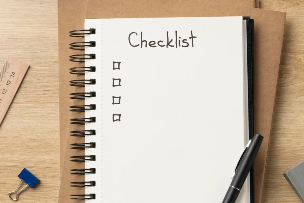 Caderno espiral aberto com título ‘Checklist’ e quatro caixas de seleção vazias, ao lado de caneta, clipe e régua.