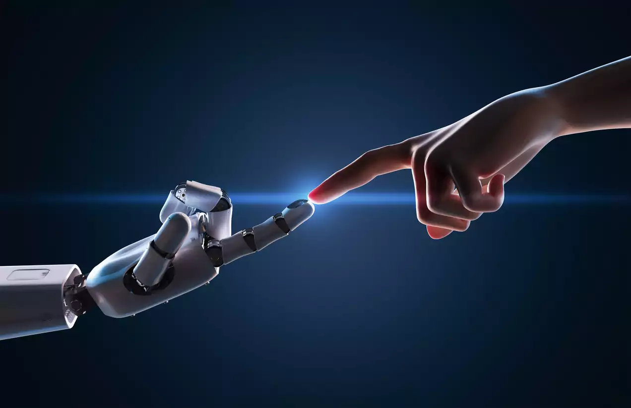 Conceito de conexão de tecnologia com renderização em 3D de dedo humano conectado ao dedo do robô. Inteligência Artificial no varejo.