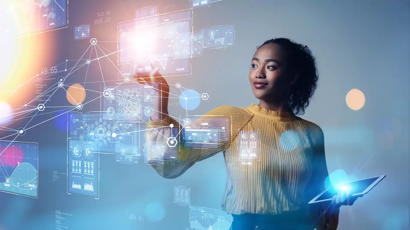 Conceito de transformação digital. Engenharia de Sistemas. Código binário. Programação. Inteligência artificial no varejo ajuda no aumento de vendas.