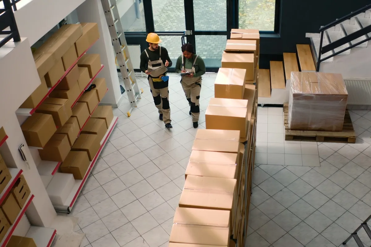 Dois funcionários com uniformes e capacete analisando lista de pedidos em prancheta, cercados por pilhas de caixas de papelão em galpão claro