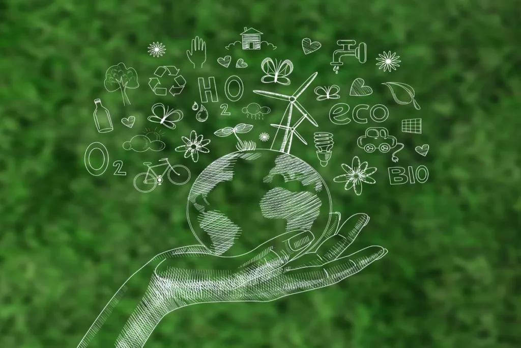 Ilustração de mão segurando o globo terrestre com ícones de sustentabilidade e ecologia, representando a economia circular.