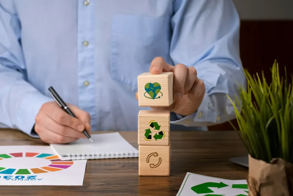 Mãos de pessoa empilhando blocos de madeira com símbolos de sustentabilidade, reciclagem e ciclo, representando a economia circular.