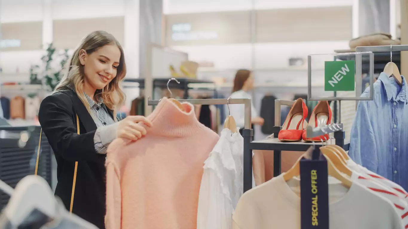 Uma mulher branca, loira, com uma blusa branca com listras pretas, jaqueta preta e bolsa amarela está em uma loja segurando um suéter rosa claro. Ela está sorridente porque acabou de passar por uma experiência de compra na loja e obteve uma boa visão enquanto cliente oculto