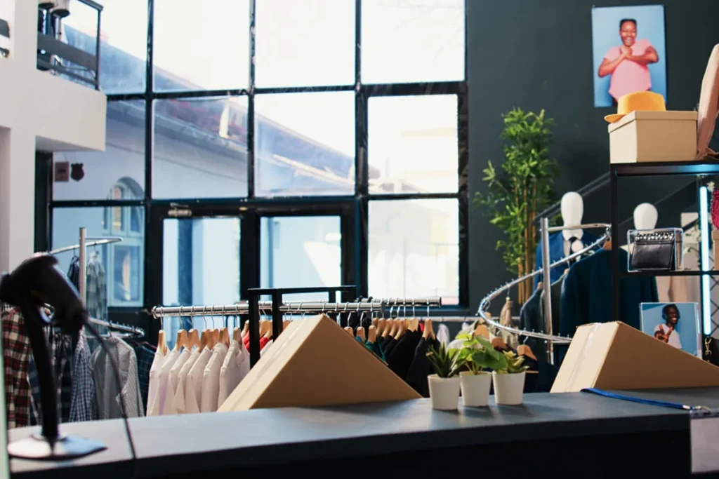 Interior de uma loja de roupas com vitrines grandes, araras organizadas e detalhes de decoração moderna, incluindo plantas e acessórios.