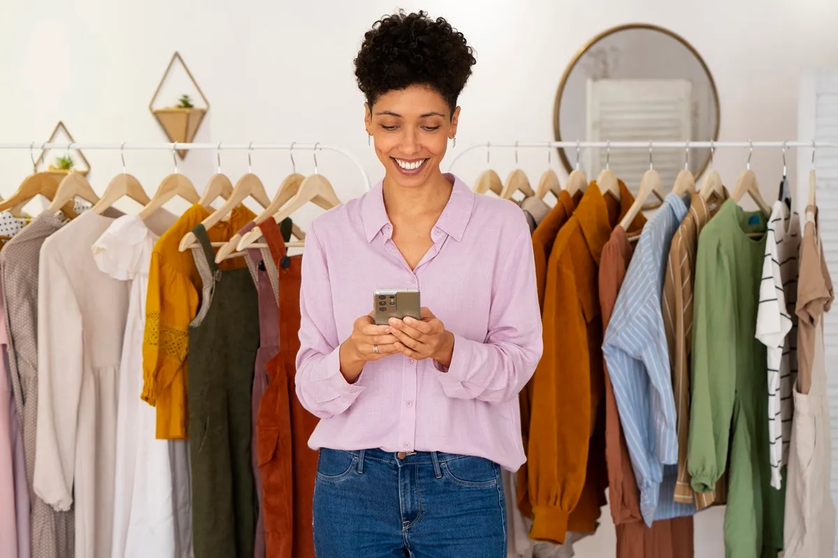 Mulher jovem sorridente em frente a uma arara de roupas usando smartphone, simbolizando gestão de vendas e marketing digital em uma loja de moda
