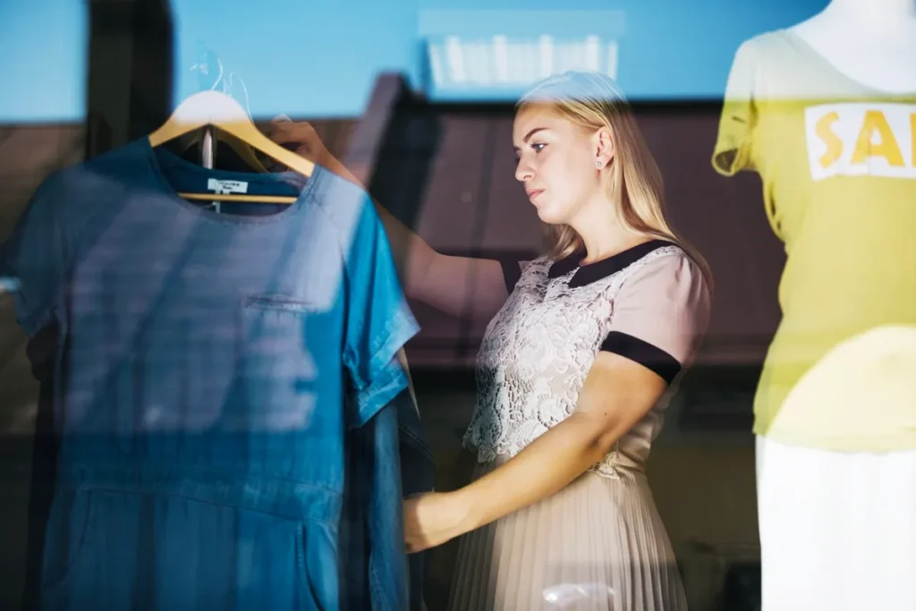 Mulher loira observando um vestido azul em exposição na vitrine de uma loja, com reflexos de luz e detalhes de manequins ao fundo, representando o impacto visual do merchandising de moda