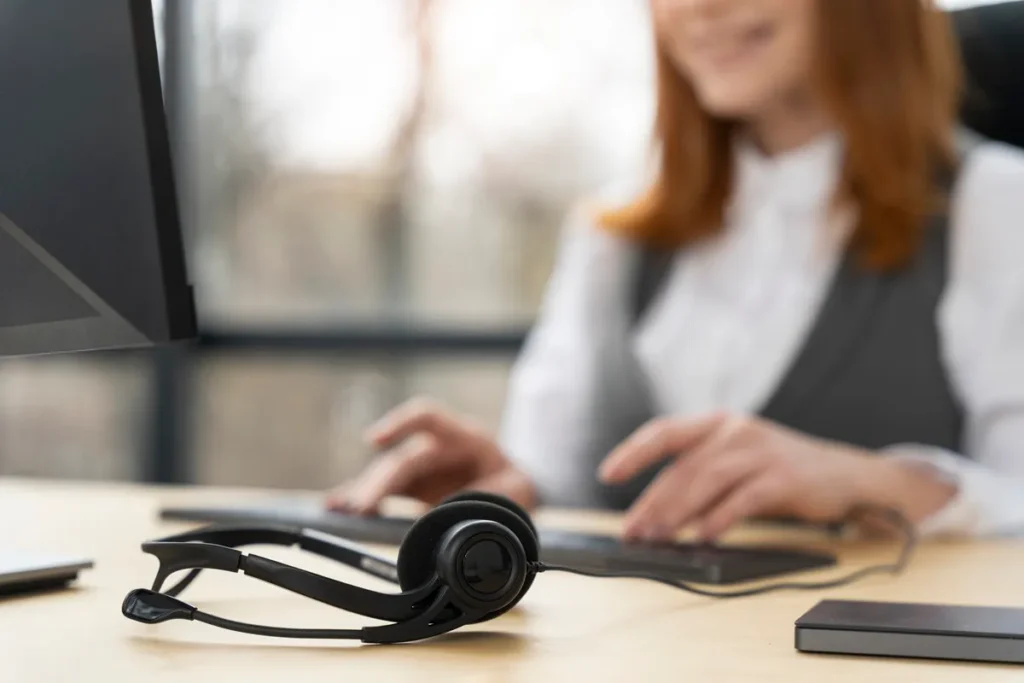 Fone de ouvido com microfone sobre a mesa, com atendente digitando em um computador ao fundo.