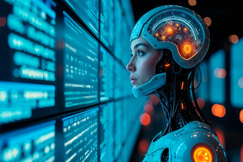 Mulher ciborgue analisando dados e códigos em monitores, representando o futuro do machine learning.
