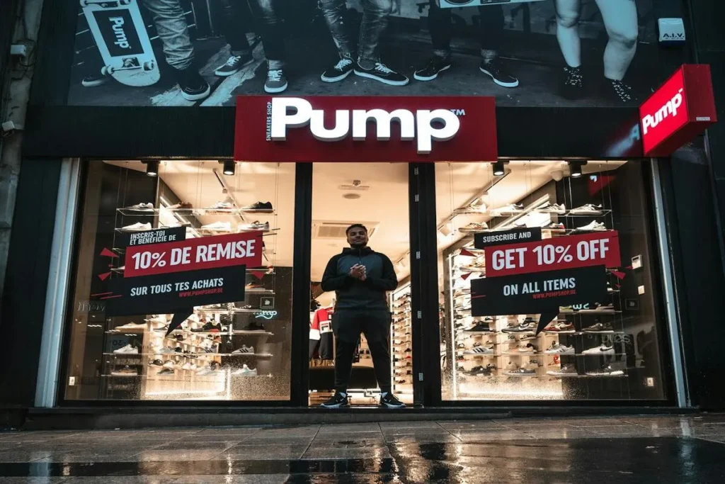 Fachada de uma loja de tênis "Pump", exibindo ofertas de 10% de desconto em cartazes promocionais em vários idiomas.