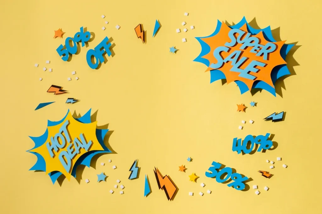 Arte criativa com fundo amarelo destacando promoções relâmpago, incluindo frases como "Super Sale", "Hot Deal" e descontos de 30%, 40% e 50%, com elementos gráficos de explosão e raios.