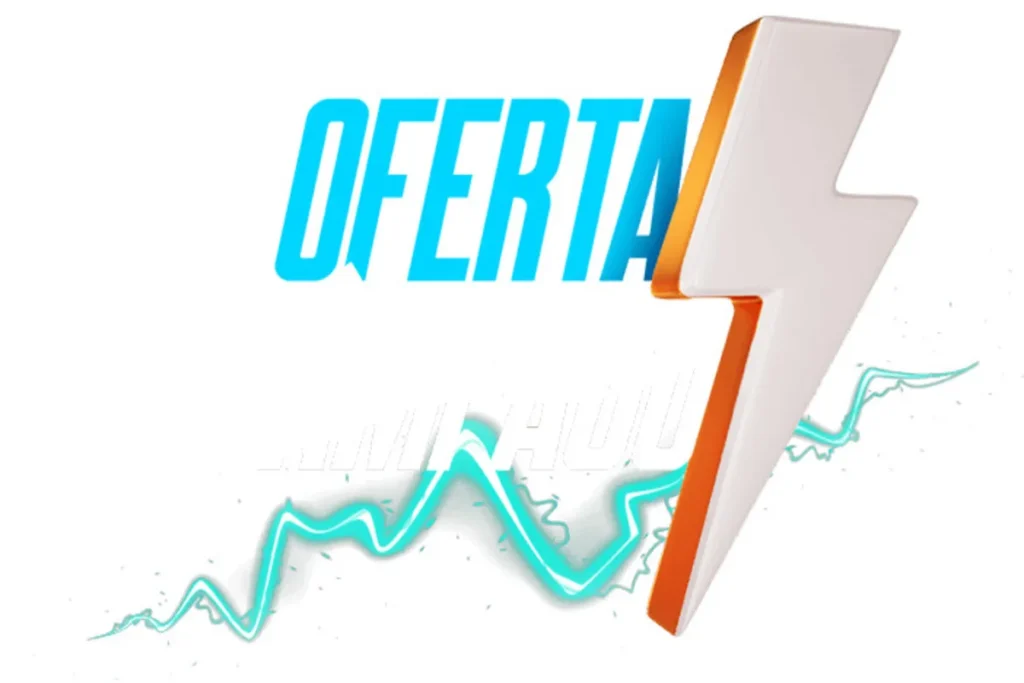 Raio 3D branco e laranja ao lado da palavra "OFERTA" em letras azuis estilizadas, sobre um gráfico que simula um eletrocardiograma (ECG) ou pico de vendas, simbolizando promoções relâmpago.