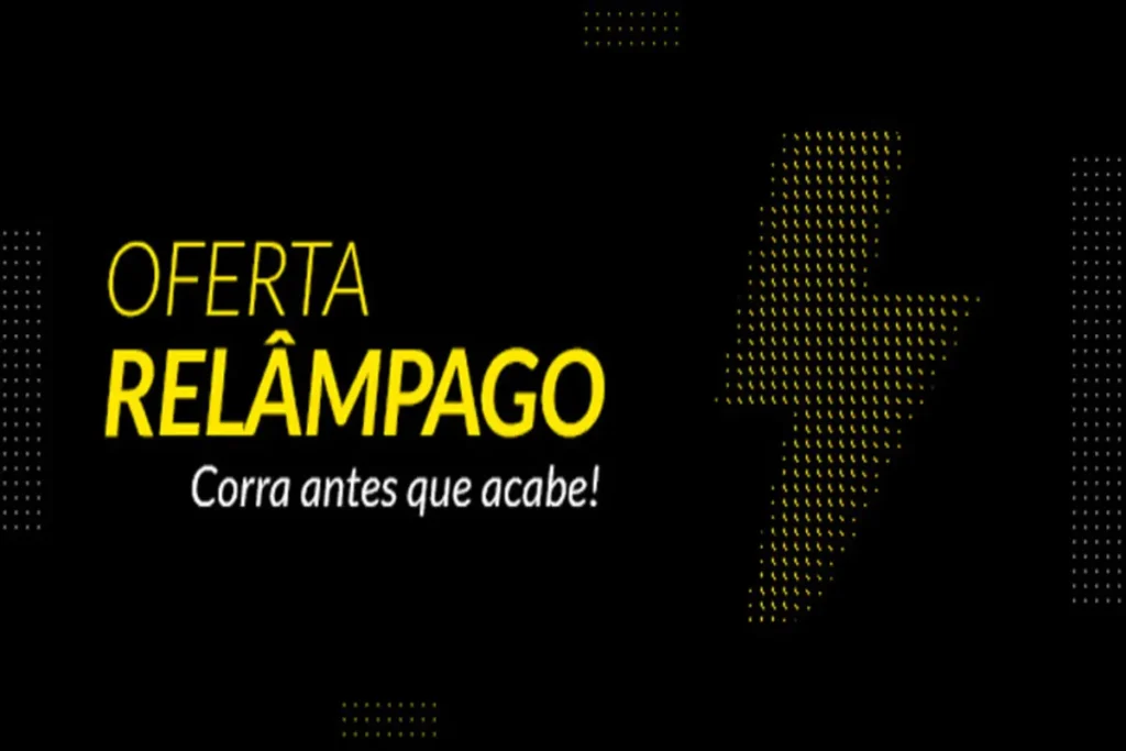 Design gráfico minimalista preto e amarelo com o texto "OFERTA RELÂMPAGO. Corra antes que acabe!" e um símbolo de raio texturizado, ideal para publicidade digital.