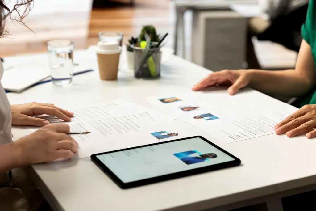 Duas pessoas em uma mesa, revisando papéis e um tablet, representando a etapa de planejamento estratégico para o rebranding de uma marca.