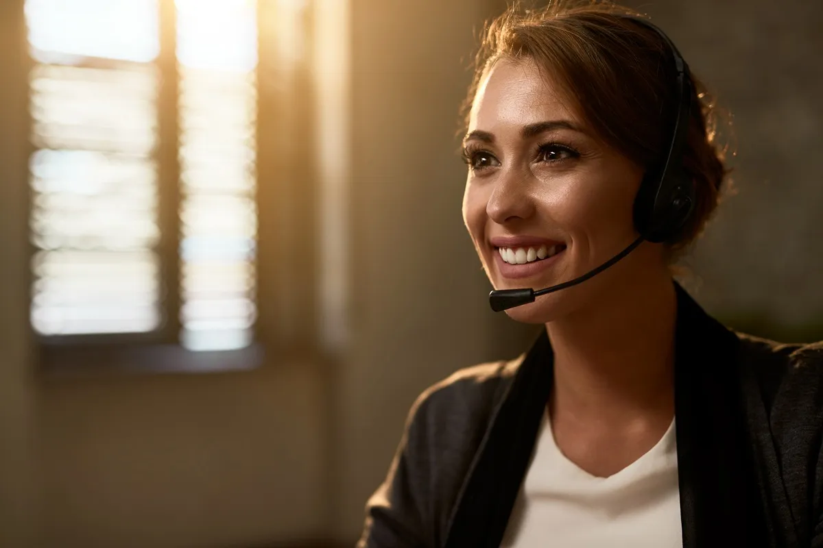 Mulher sorridente com headset de atendimento, iluminada por luz dourada suave ao lado de janela com persianas