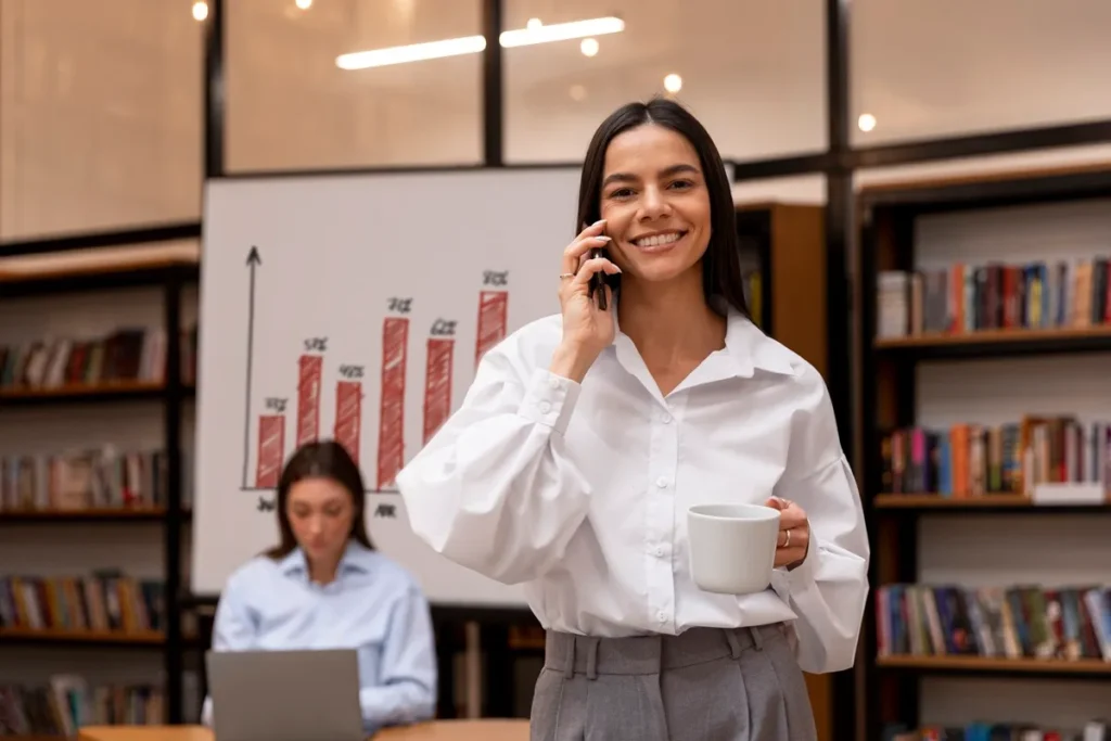 Mulher sorridente falando ao celular enquanto segura uma xícara, com gráfico de crescimento ao fundo em escritório