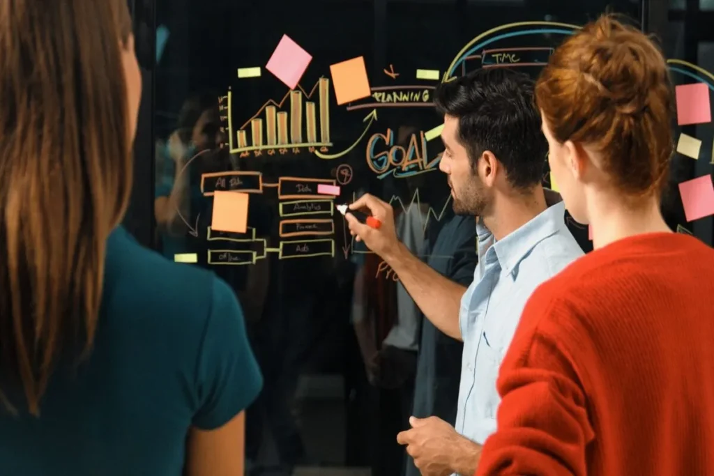 Três pessoas em uma reunião, com um homem desenhando em um quadro de vidro com gráficos e post-its, sobre o processo de pré-venda e metas.