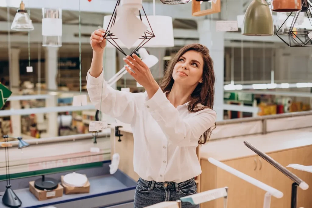Mulher analisando luminária em loja física de decoração, representando o comportamento do consumidor no ponto de venda.