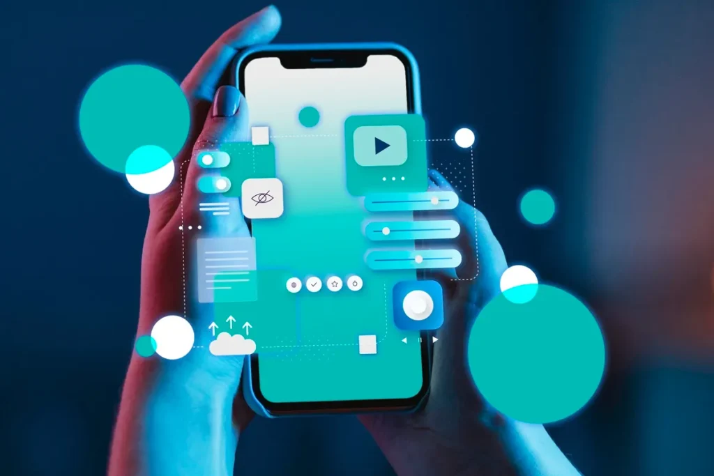 Usuário interagindo com smartphone que exibe ícones de interface de aplicativo, incluindo opções de navegação, mídia e configurações