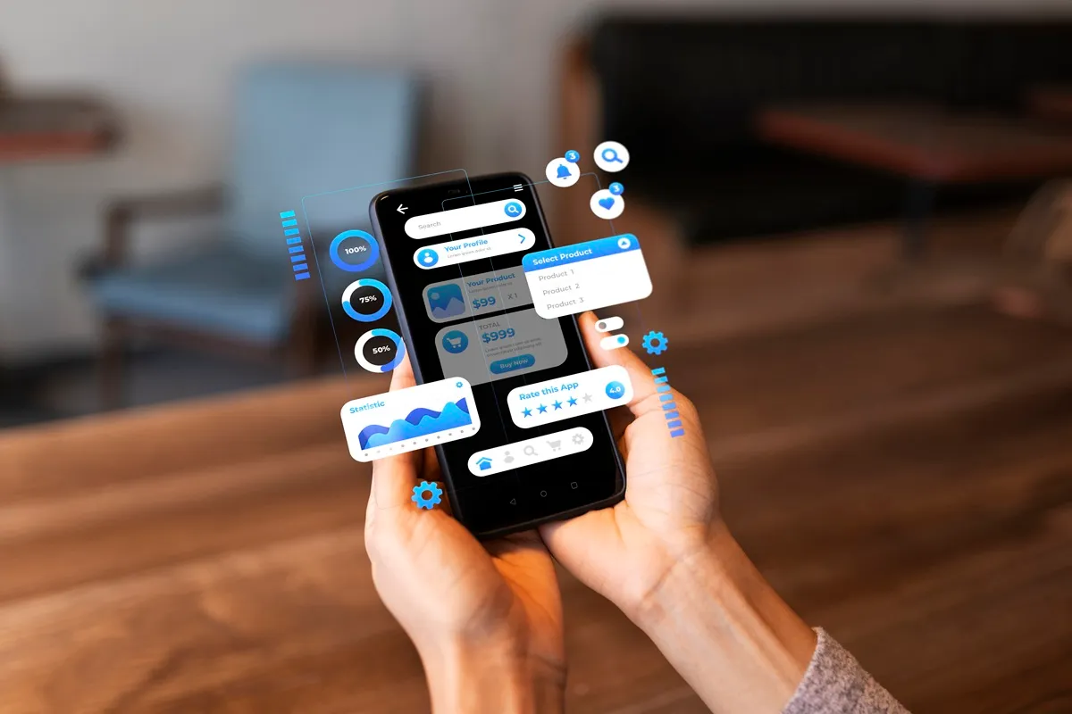 Pessoa utilizando smartphone com interface de aplicativo de compras, mostrando gráficos de estatísticas, opções de produtos e configurações
