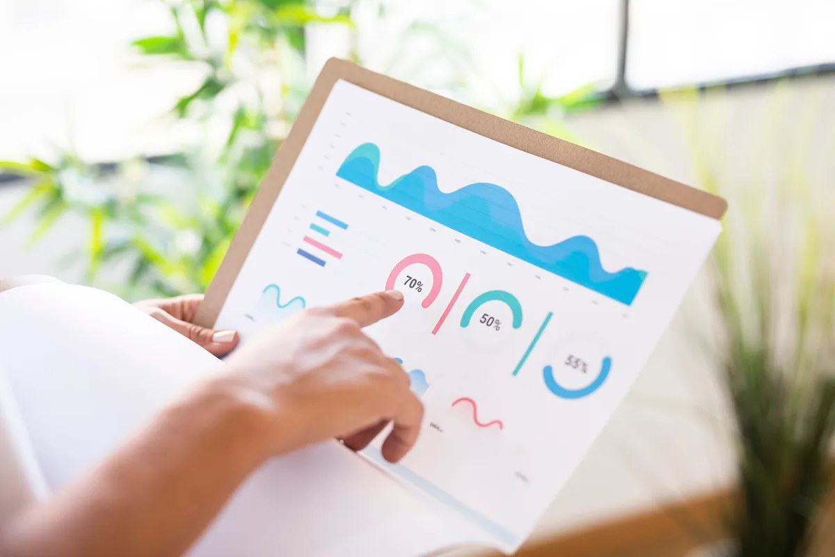 Pessoa analisando gráficos de desempenho empresarial, com indicadores de progresso em diferentes áreas