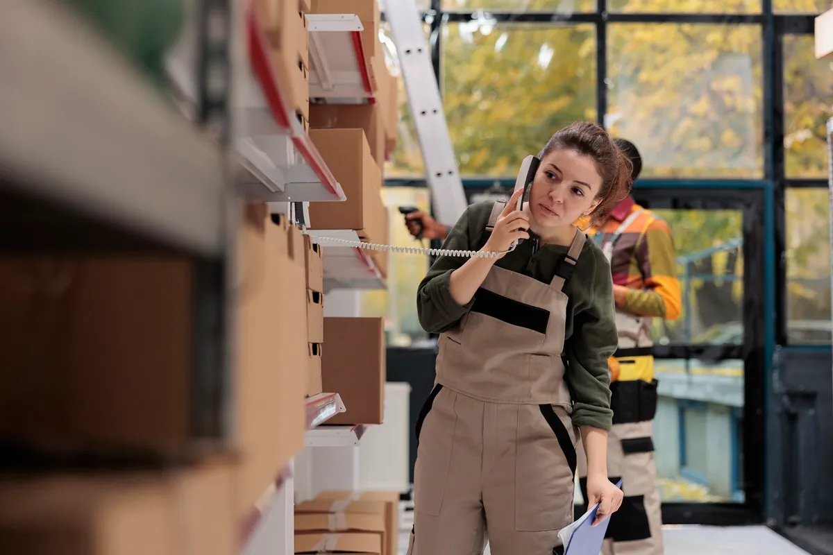 Mulher usando uniforme de trabalho, falando ao telefone enquanto segura uma lista de tarefas em um armazém.