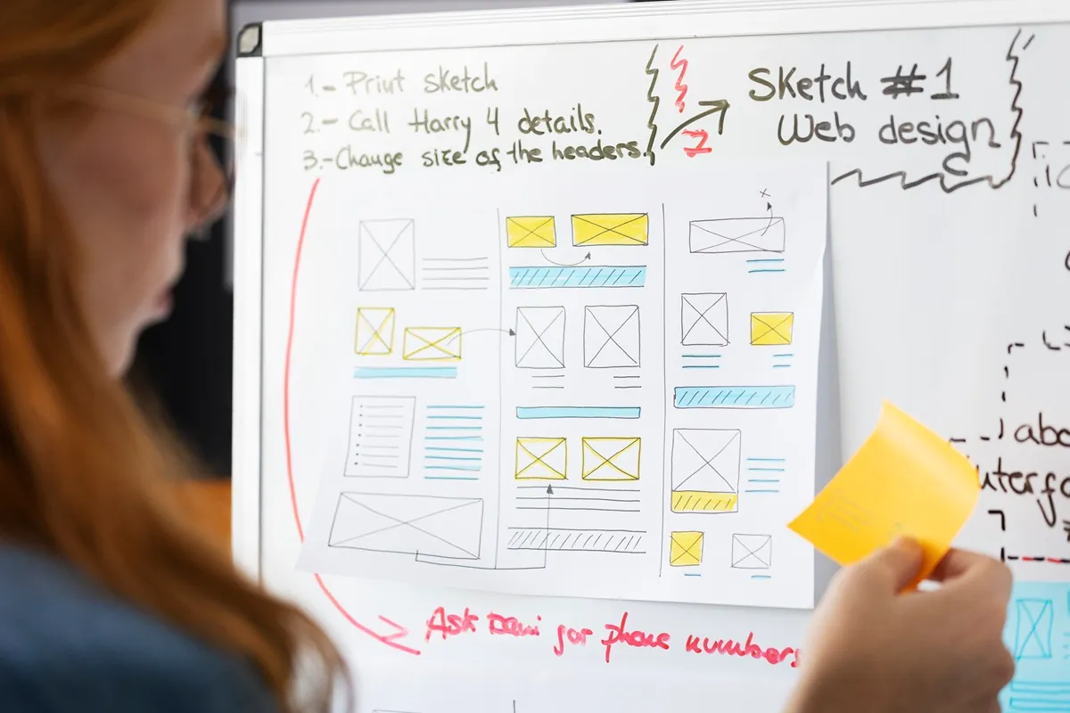 Pessoa segurando post-it amarelo enquanto observa esboço de design de site em quadro branco, com anotações e detalhes