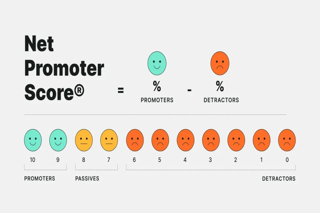 Gráfico explicativo do Net Promoter Score (NPS) mostrando a fórmula de cálculo com ícones de carinhas coloridas representando promotores, passivos e detratores.