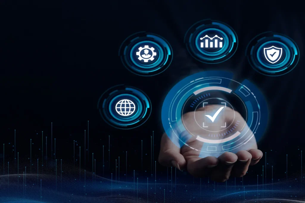 Mão segurando um círculo com um ícone de verificação, cercado por outros ícones digitais, representando a importância do "compliance" e da segurança corporativa.