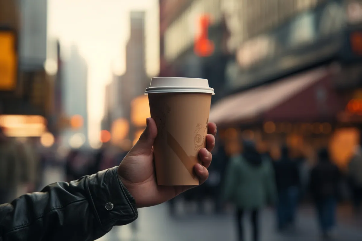 Mão segurando copo de café para viagem em avenida movimentada da cidade ao entardecer.