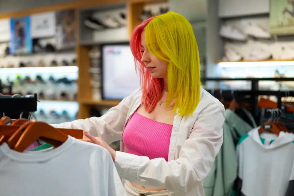 Mulher jovem com cabelo metade rosa, metade amarelo, vestindo top rosa e camisa branca, escolhendo roupas em uma arara de cabides dentro de uma loja de shopping, com prateleiras de tênis ao fundo.