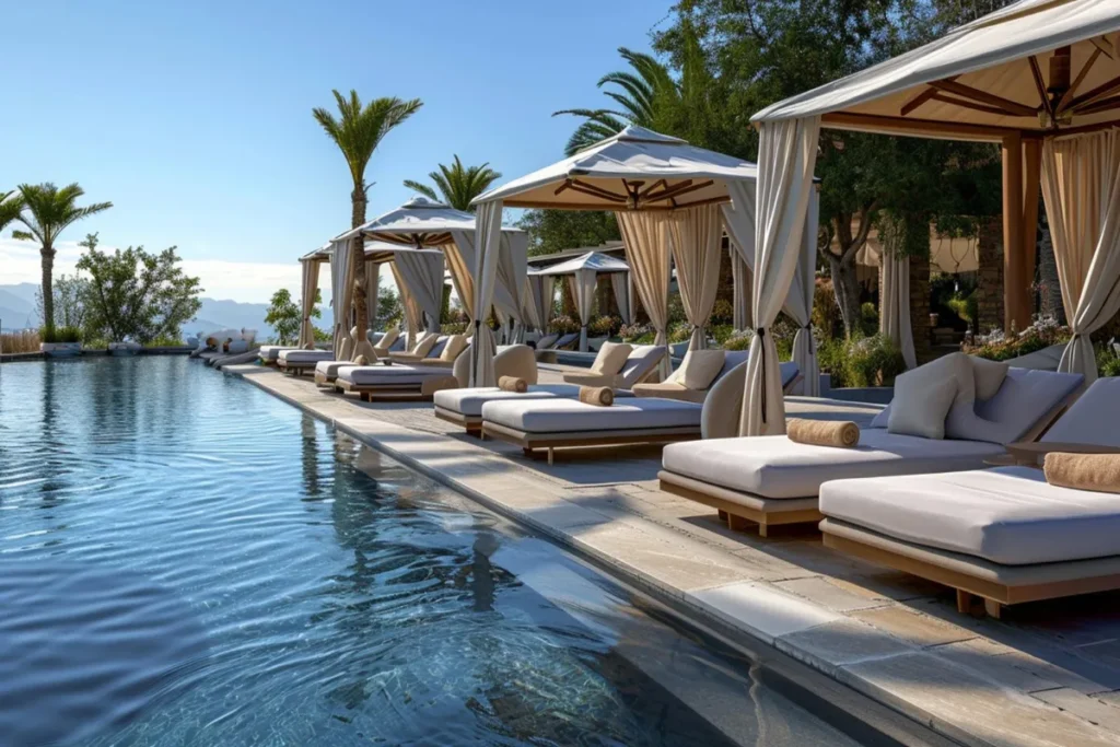 Resorts all inclusive: Cabanas e espreguiçadeiras luxuosas à beira da piscina em um resort de luxo.