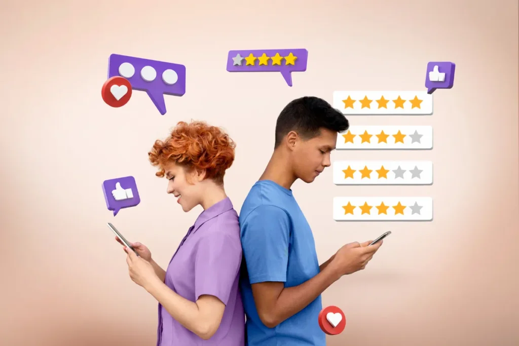 Um homem e uma mulher, cada um usando um smartphone, com ícones de avaliação, estrelas e curtidas flutuando ao redor.