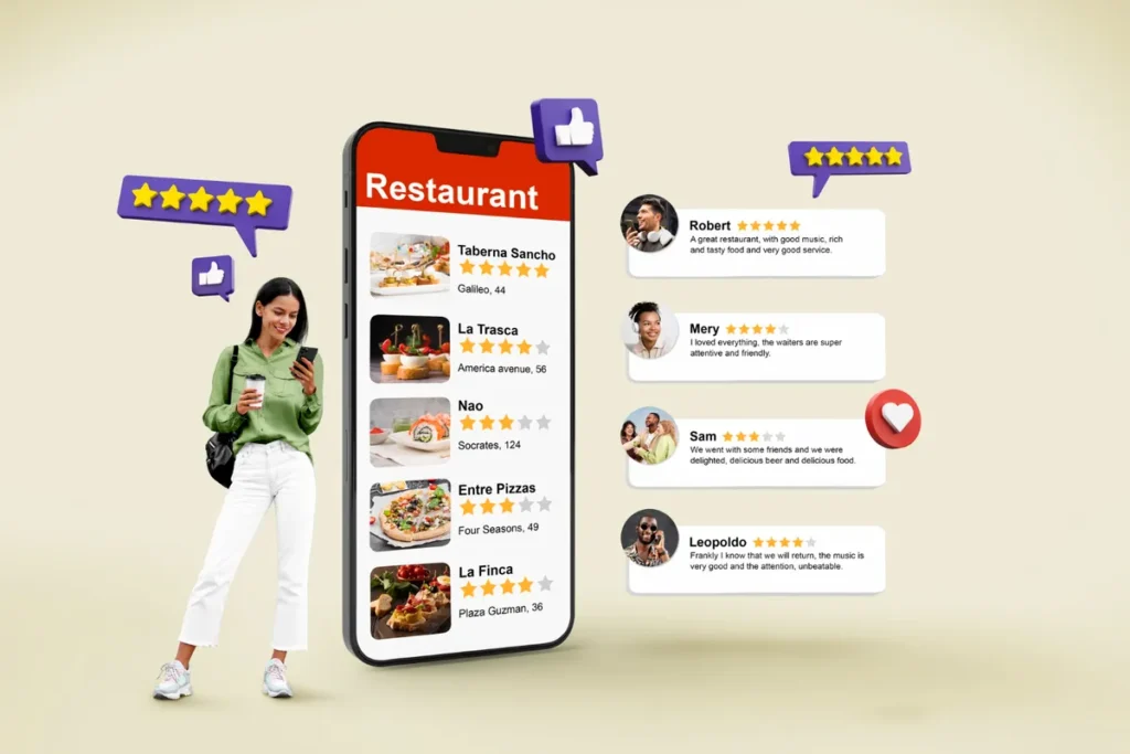 Uma mulher em pé usando um smartphone, com um aplicativo de avaliações de restaurantes e ícones de reviews flutuando ao seu redor.