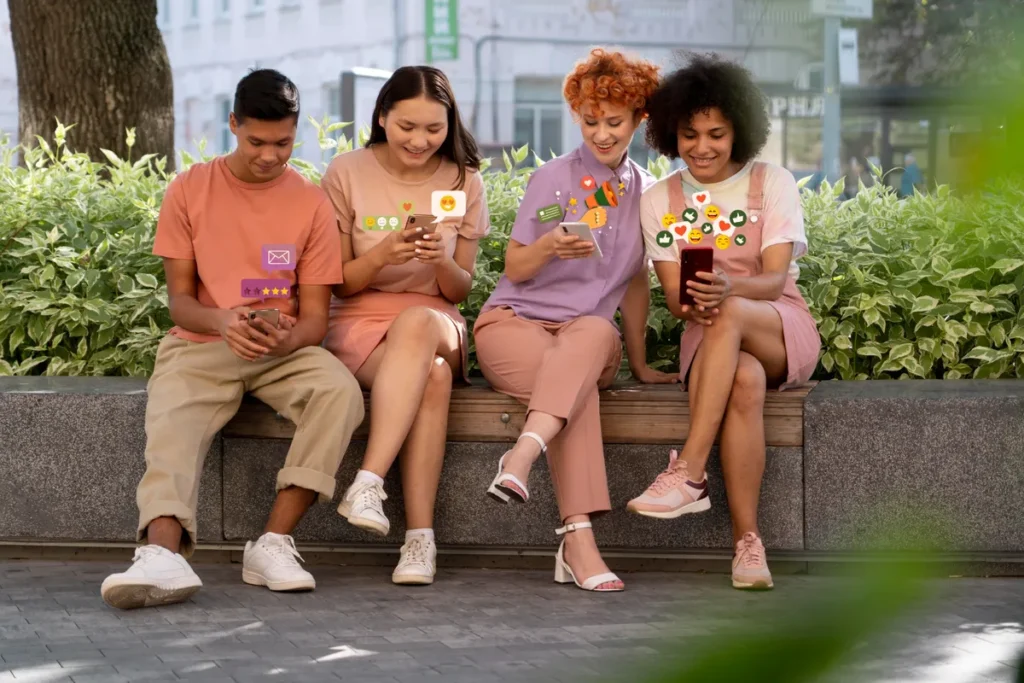 Quatro amigos sentados em um banco, cada um usando seu smartphone, com ícones de reviews, emojis e likes flutuando ao redor.