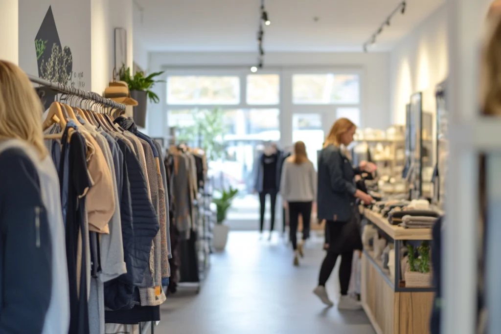 Mulheres em loja de roupas femininas com araras organizadas e decoração clean, com peças em tons neutros e estilo casual.