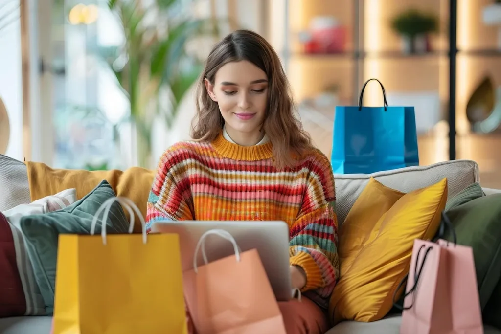 Mulher jovem e sorridente sentada no sofá com seu notebook, rodeada por sacolas de compras coloridas, indicando uma experiência de compra online satisfatória e um NPS promotor.