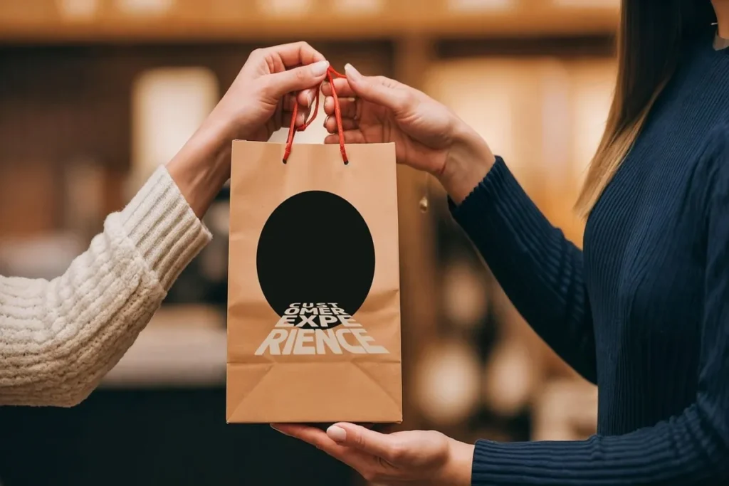 Duas mãos trocando uma sacola de papel com a frase "Customer Experience" em relevo, simbolizando a entrega de um serviço ou produto e a importância da experiência do cliente para um NPS promotor.