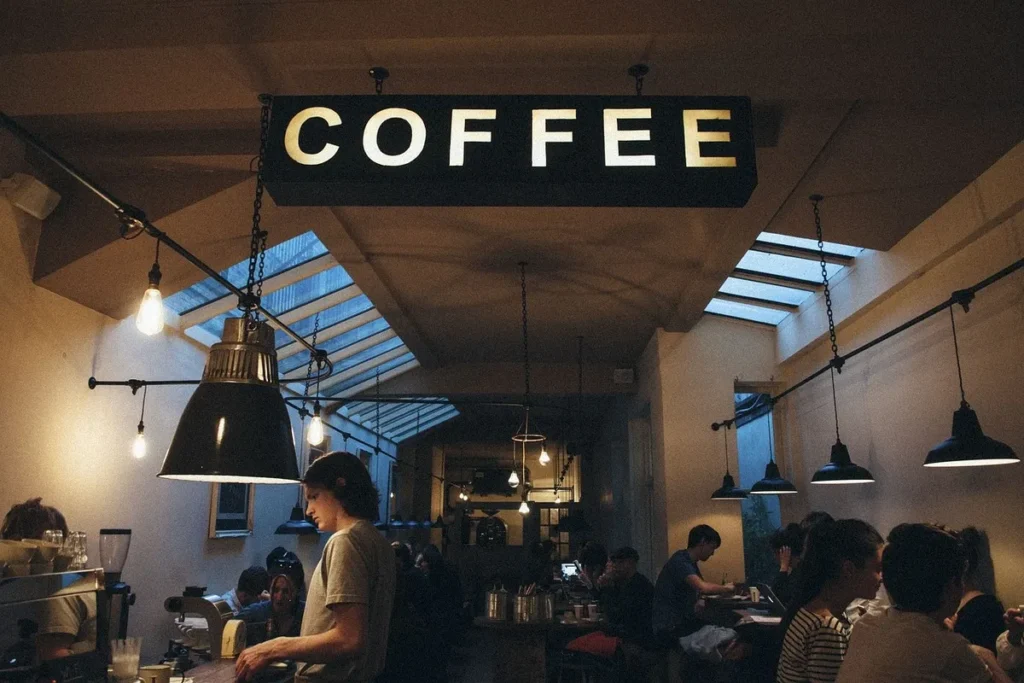 Interior de uma cafeteria movimentada com letreiro "COFFEE" iluminado, pessoas sentadas e luminárias penduradas, transmitindo uma atmosfera acolhedora e a experiência atitudinal do ambiente.