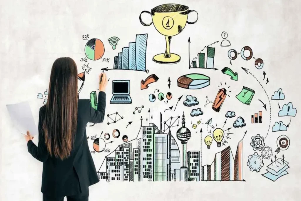 Mulher desenhando em uma parede com caneta, ilustrando um diagrama de economia criativa com ícones de cidade, gráficos e ideias.