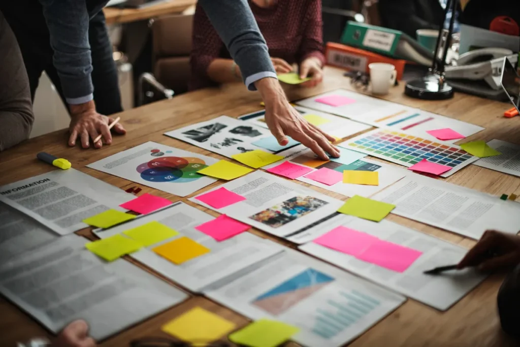 Mãos de pessoas em uma mesa cheia de papéis, gráficos e post-its coloridos, indicando uma reunião de equipe para planejamento de endomarketing.
