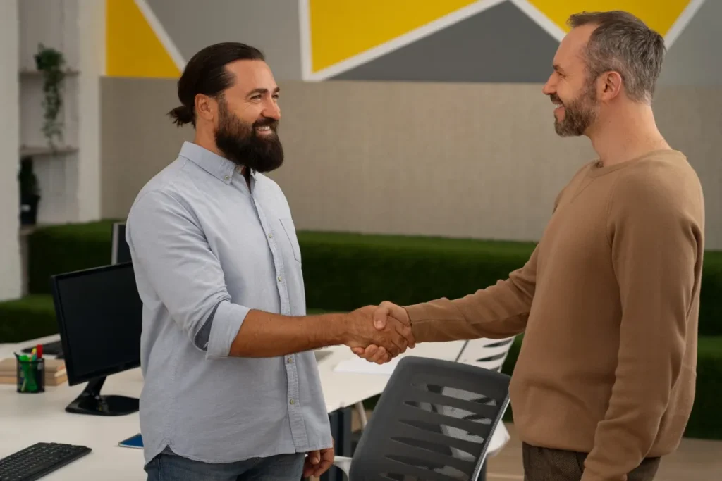 Dois homens de negócios apertando as mãos e sorrindo em um ambiente de escritório moderno, simbolizando um acordo ou o início de uma colaboração bem-sucedida que requer "follow up".
