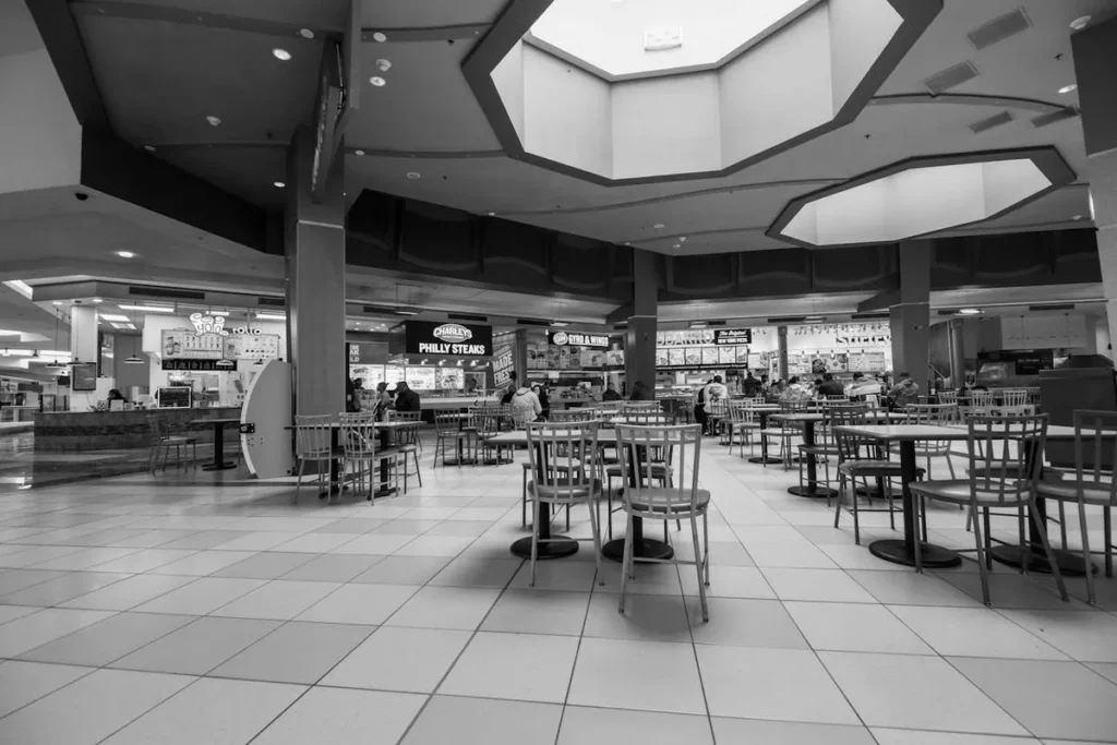 Praça de alimentação de shopping com diversas opções, evidenciando o potencial para um franqueado.