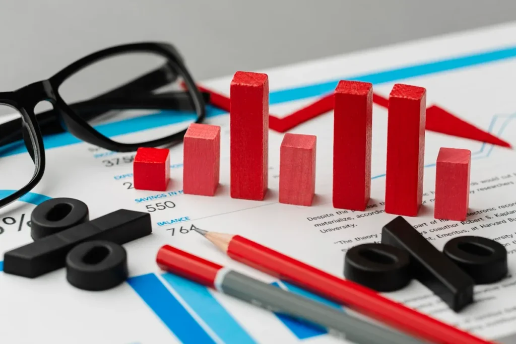 Gráfico de barras em miniatura com peças vermelhas de madeira e símbolos de porcentagem sobre relatório financeiro, representando análise de crescimento e taxas de juros.