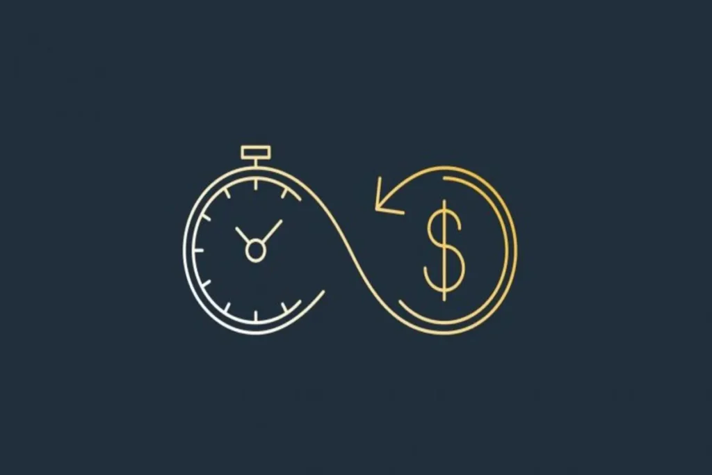 Ilustração minimalista de um relógio de pulso ligado a um símbolo de dólar por um laço de infinito, representando visualmente a relação de tempo e dinheiro no conceito de payback.