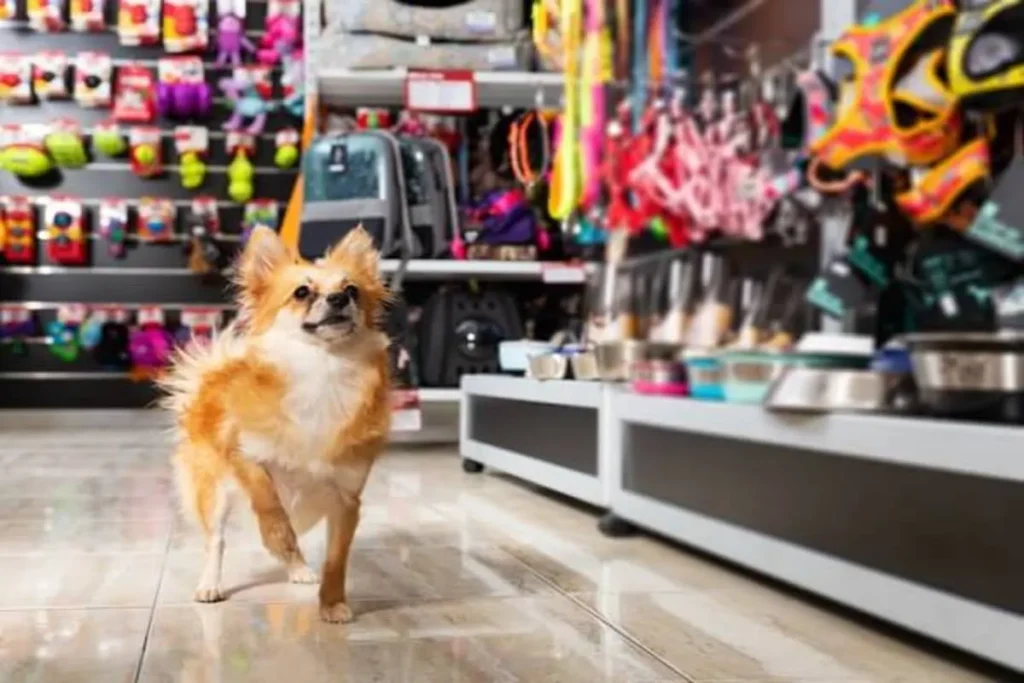 Pequeno cão marrom e branco em um pet center, cercado por produtos e acessórios para animais de estimação.