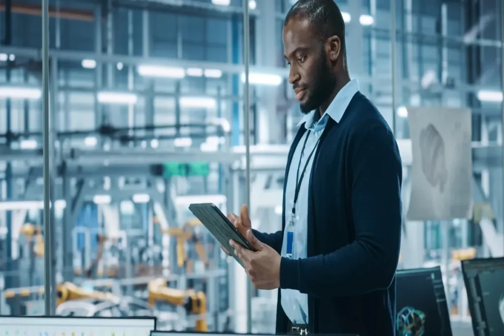 Engenheiro afro-americano inspecionando fábrica com tablet, supervisionando o rollout de novos sistemas e tecnologias.