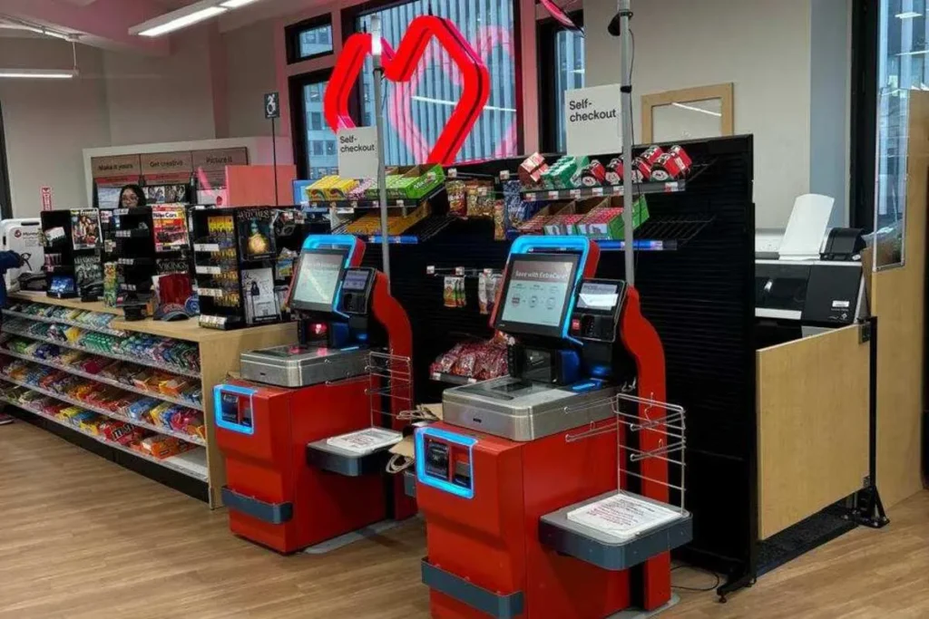 Dois terminais de self-checkout vermelhos e modernos em uma loja de conveniência, com prateleiras de doces e um letreiro de coração ao fundo.